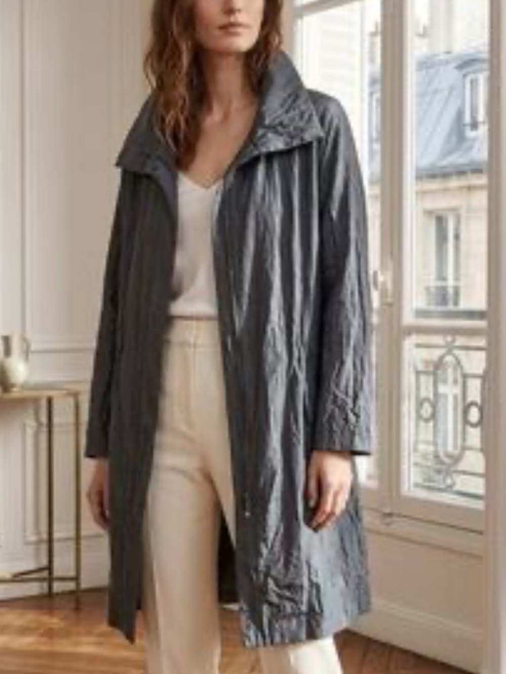 Eileen Fisher Gray/Green Funnel Neck Rumpled Cinch Waist Trench Coat Size Medium